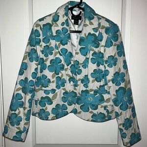 Frances P Art Floral Blazer Women's Size 8 Blue Green White Cropped Jacket
